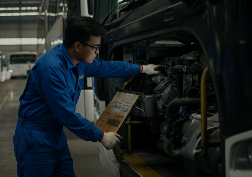 Kỹ thuật viên bảo dưỡng xe bus Kim Long tại depot Cần Thơ kiểm soát chi phí vận hành đội xe