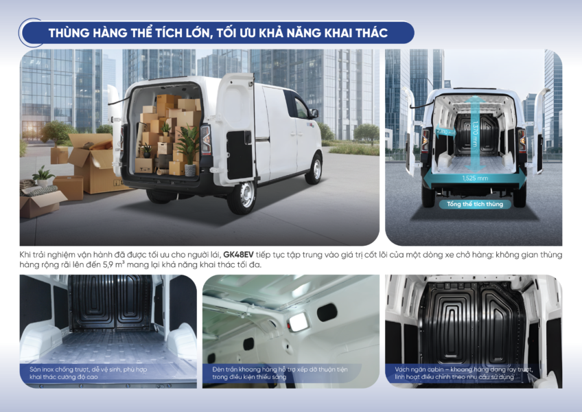 Van điện GK 48EV – khoang hàng 5,9 m³ sàn nhôm chống trượt